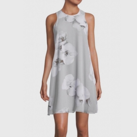 Calvin Klein | Dresses | Calvin Klein Gray Floral Chiffon Swing Dress  Sleeveless Knee Length Summer | Poshmark